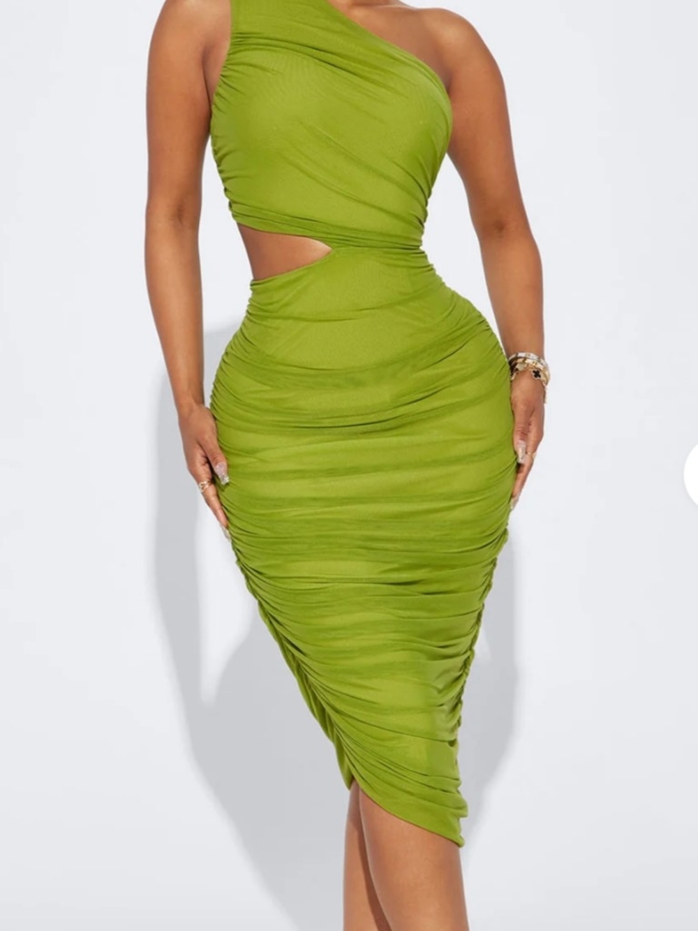 Fashion Nova Lime Green One-Shoulder Ruched Cutout Midi Dress